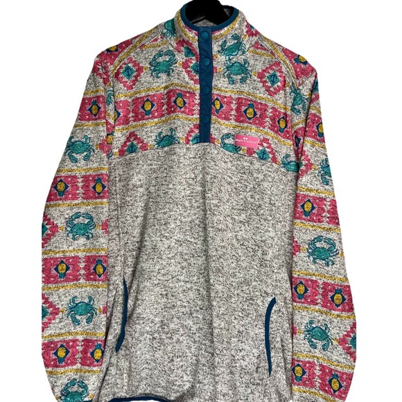 Simply Southern Women's 1/4 Snap Pullover Sweater L Gray Crab Aztec Fleece Lined - Picture 1 of 9